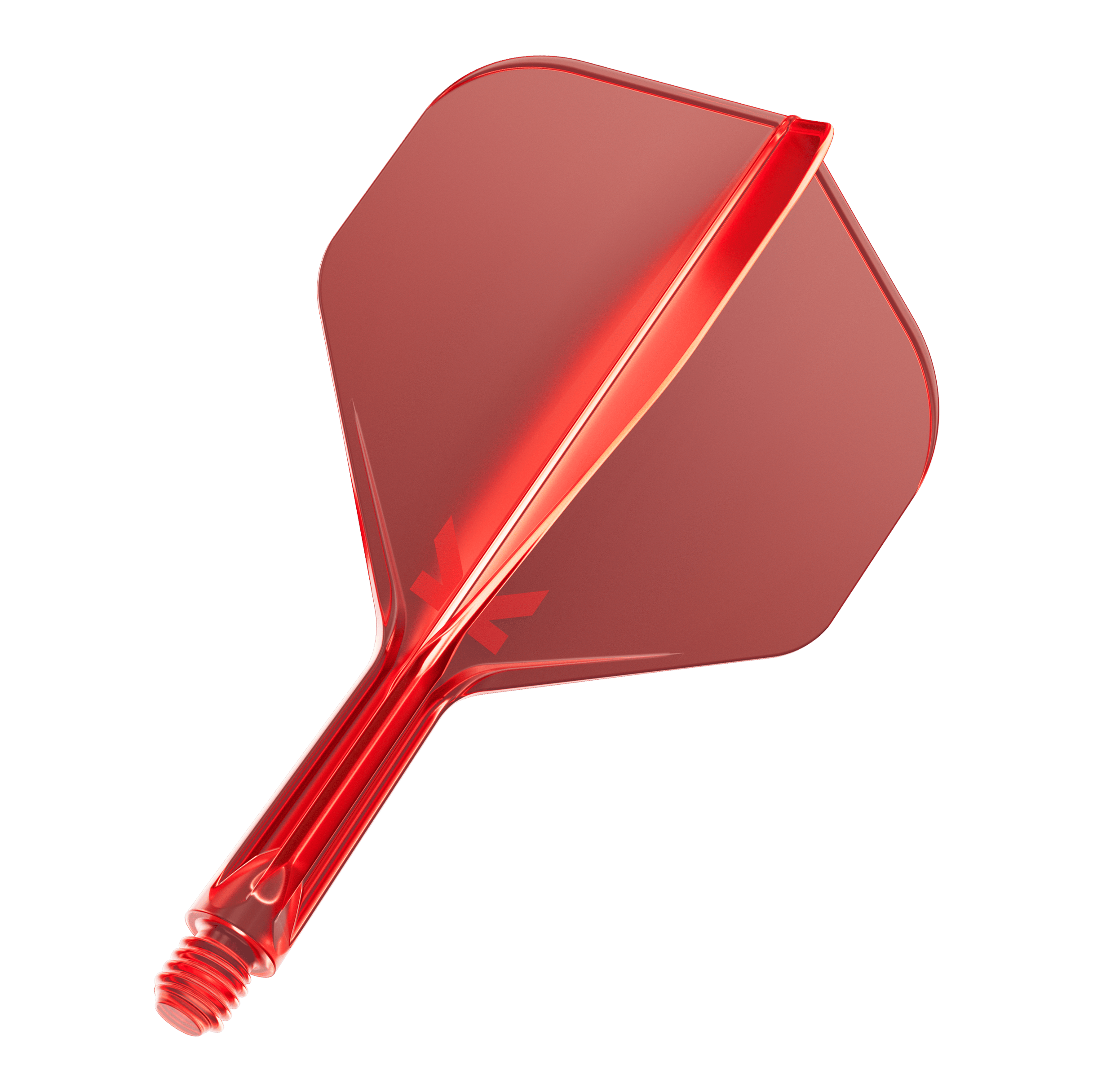 Das Bild zeigt eine rote Dartflügel-Kombination mit integriertem Schaft. Die Oberfläche ist glänzend und leicht transparent.